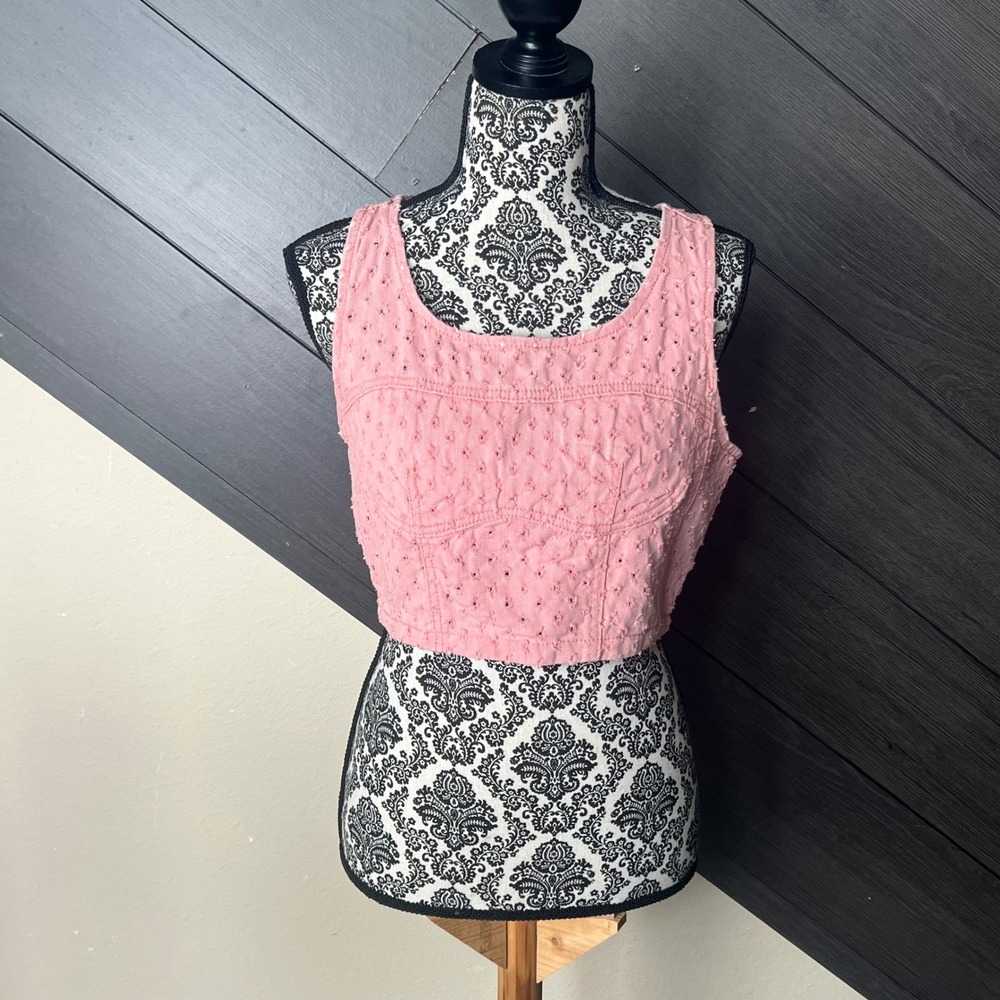 POL Women's Crop Tank Top Swiss Dot Sage Pink Small Boho Festival